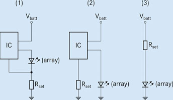Figure 2. Conventional driving of LEDs. In these drive circuits, the current flowing through the LED is independent of the temperature. Thus, the derating required at high temperatures does not take place